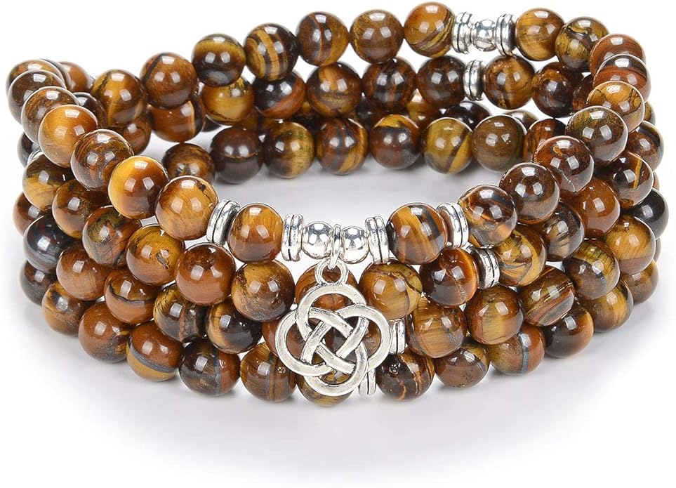 108 玛拉宝石珠手链水晶项链带无限结好运饰品 棕色虎眼石 : 亚马逊